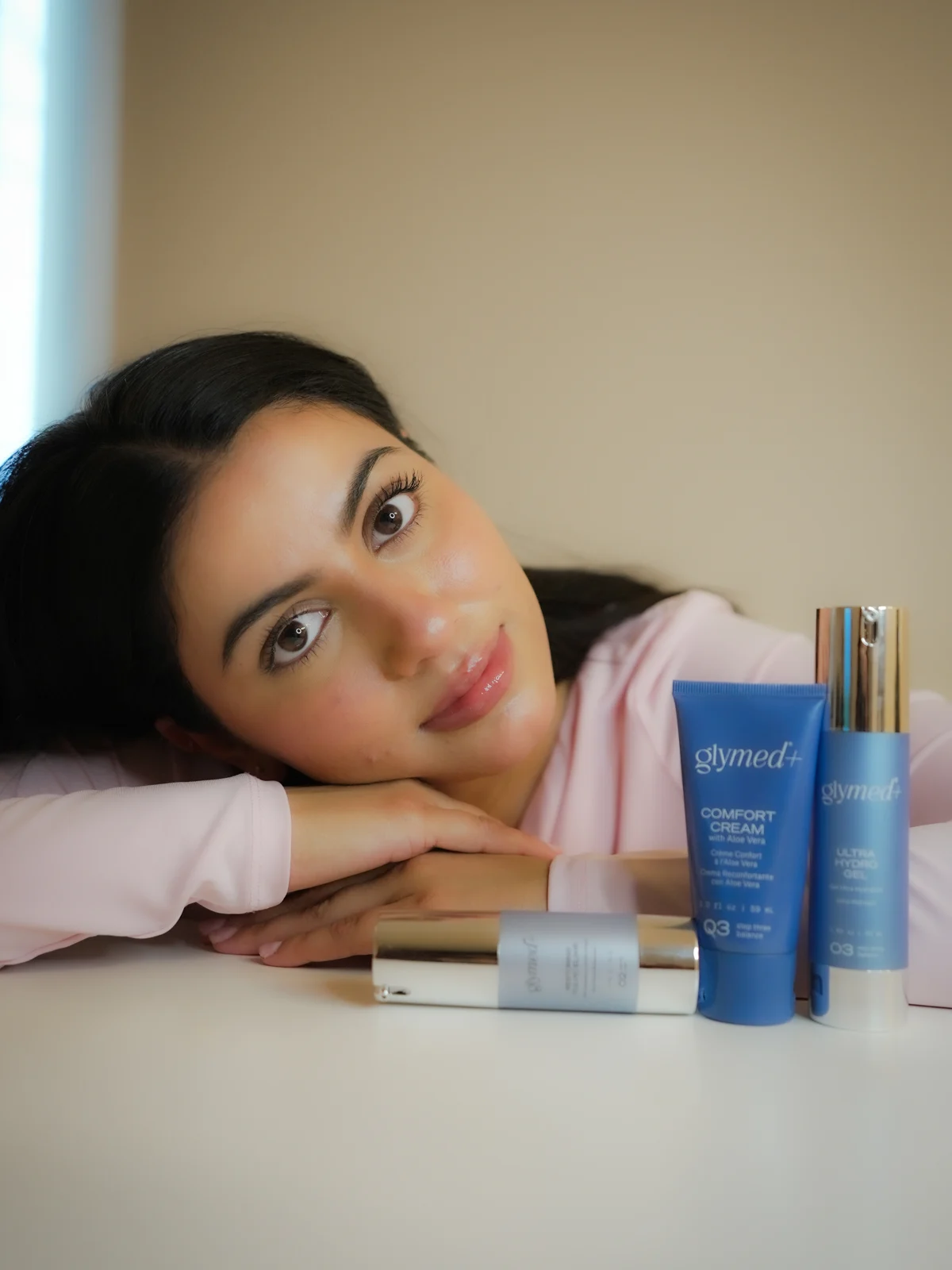 Mehak with GlyMed Plus skin care products